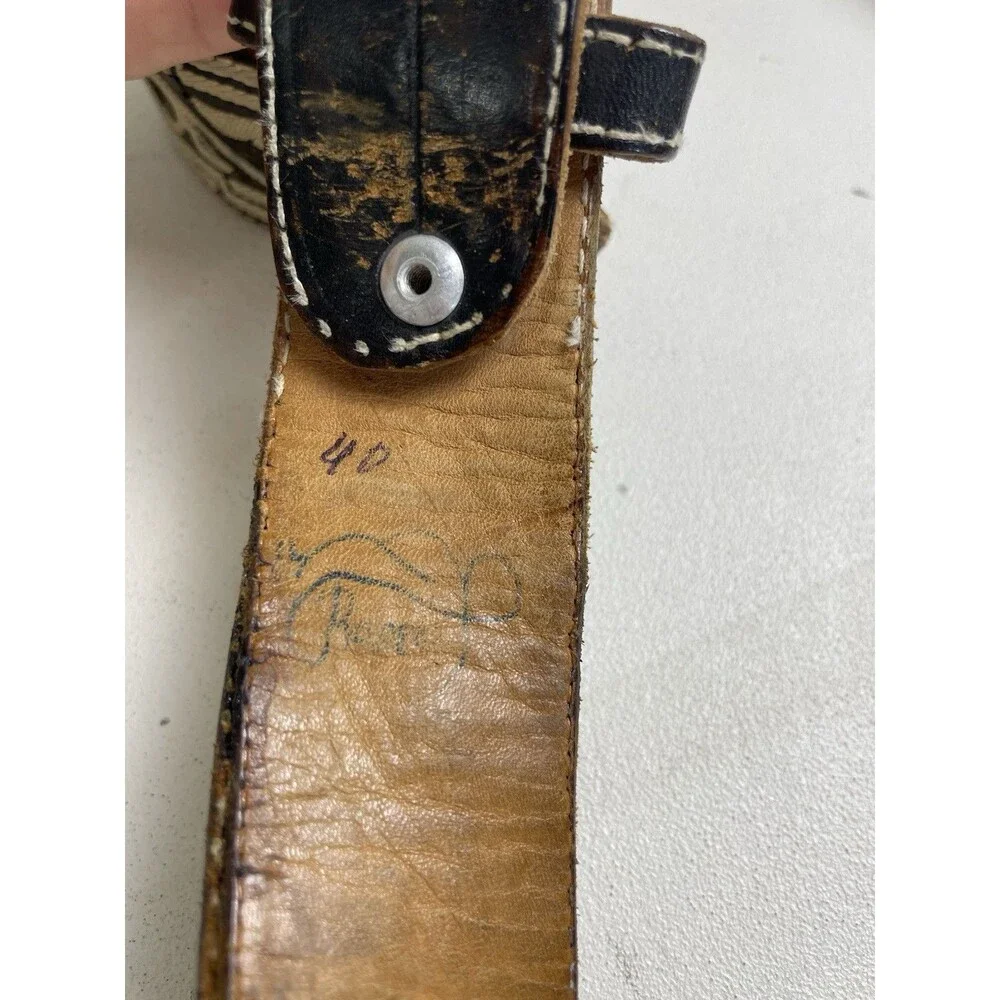 Vintage distressed embroidered bird belt leather with turtle shell belt buckle